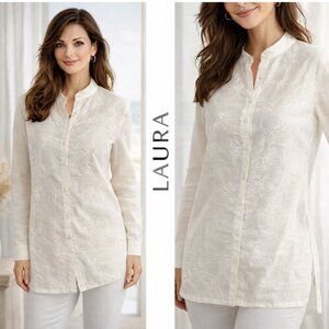 Laura Off White Linen Embroidered Button-Up Tunic Shirt Long Sleeve Size Large